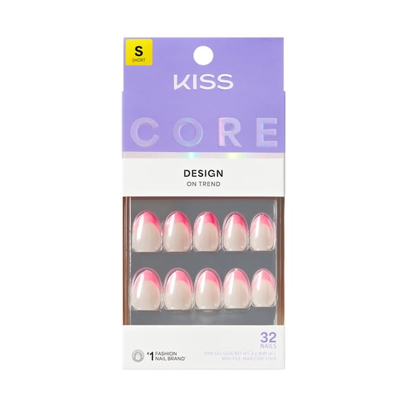 Kiss Core Design Press On Nails Almond, Shining Bright, Pink, Short, 32 Count