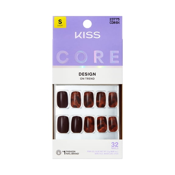 KISS CORE Design Press On Nails Short, Fallen for You, Brown, Squoval, 32 Count