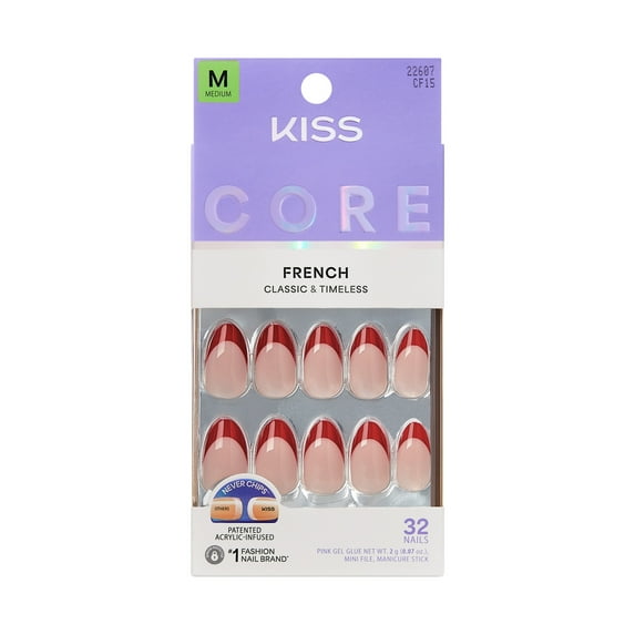 KISS CORE French Tip Press On Nails Almond, ‘Optimistic’, Red, Medium Length, 32 Count