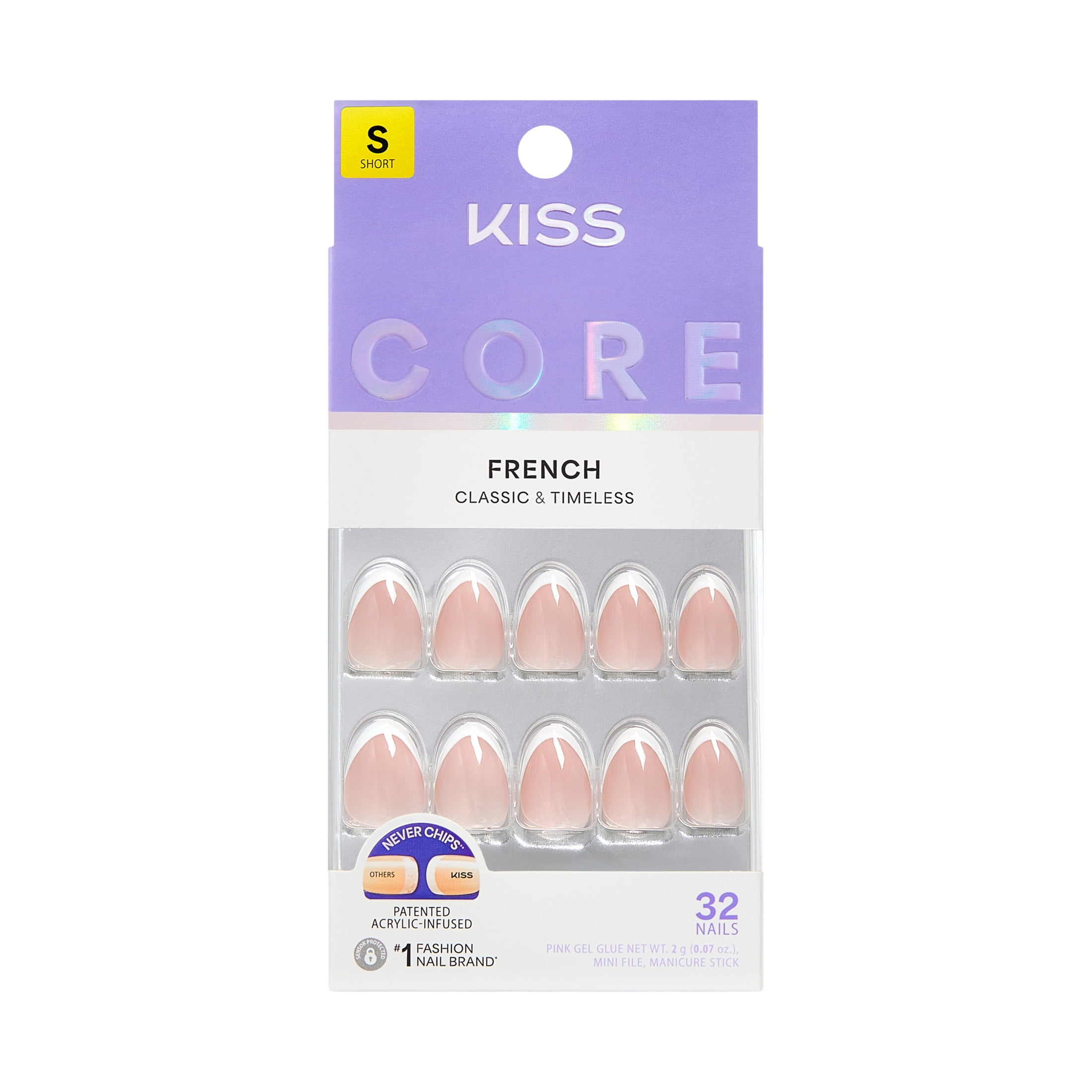 Kiss Core French Tip Press On Nails Almond, Passionate, White, Short Length, 32 Count
