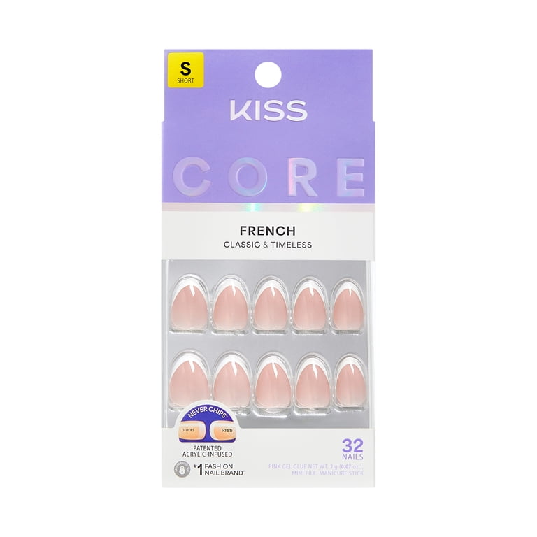 Kiss Core French Tip Press On Nails Almond, 'Passionate', White