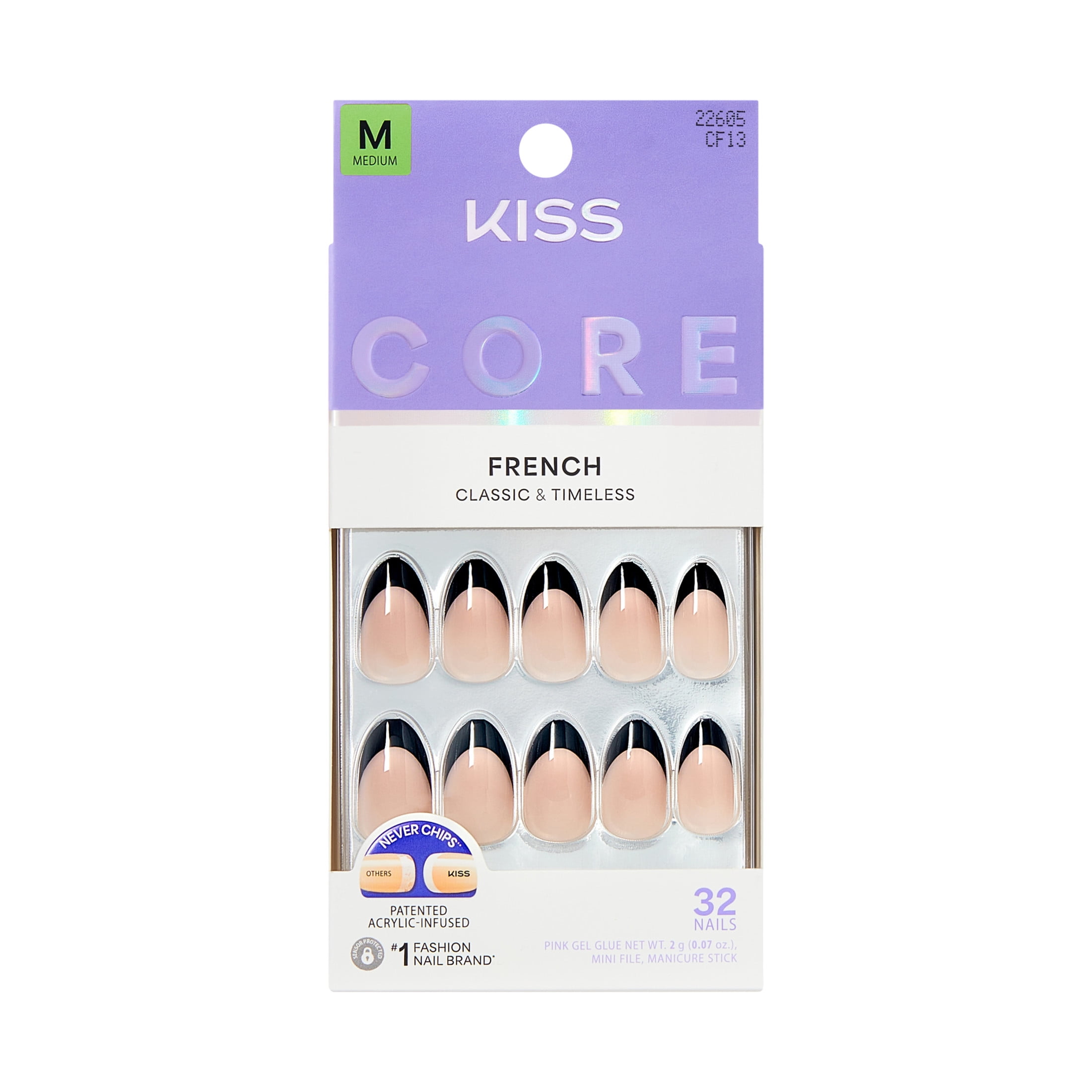 Kiss Core French Medium Almond Press-On Nails, Black, 32 Pieces