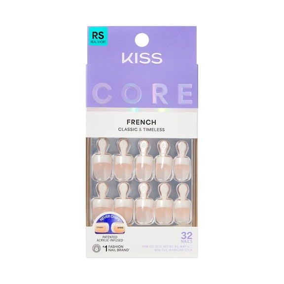KISS CORE French Tip Press On Nails, I Wish, White, Real Short Square, 32 Count