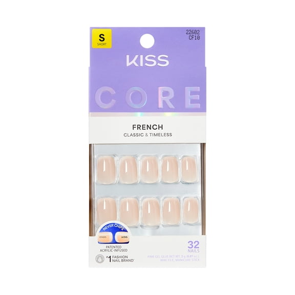 KISS CORE French Tip Press On Nails, My Darling, White, Short Squoval, 32 Count