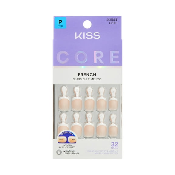 KISS CORE French Tip Press On Nails, Perfection, White, Petite Squoval, 32 Count