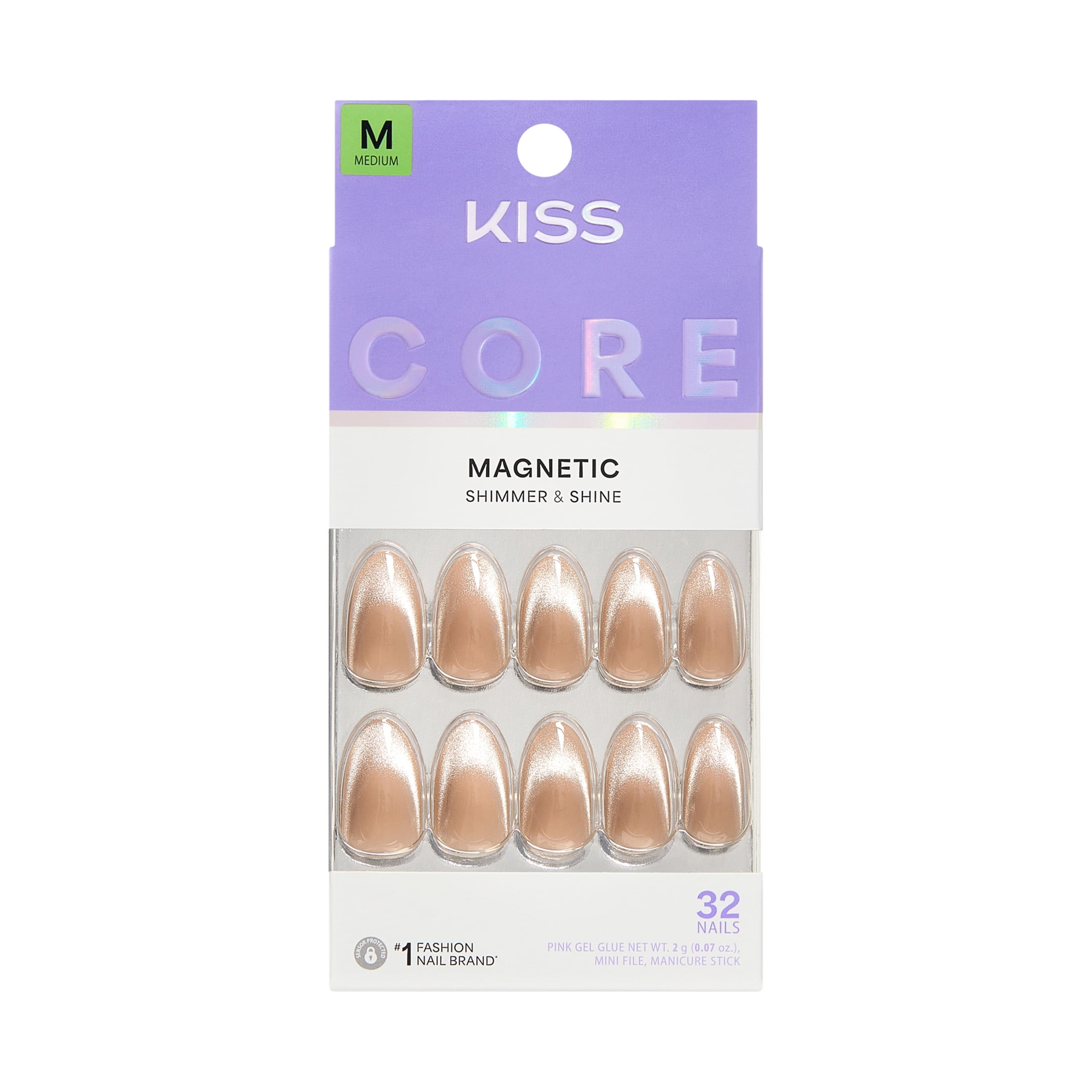KISS CORE Magnetic Press On Nails Almond, Amazon Falls, Beige, Medium Length, 32 Count