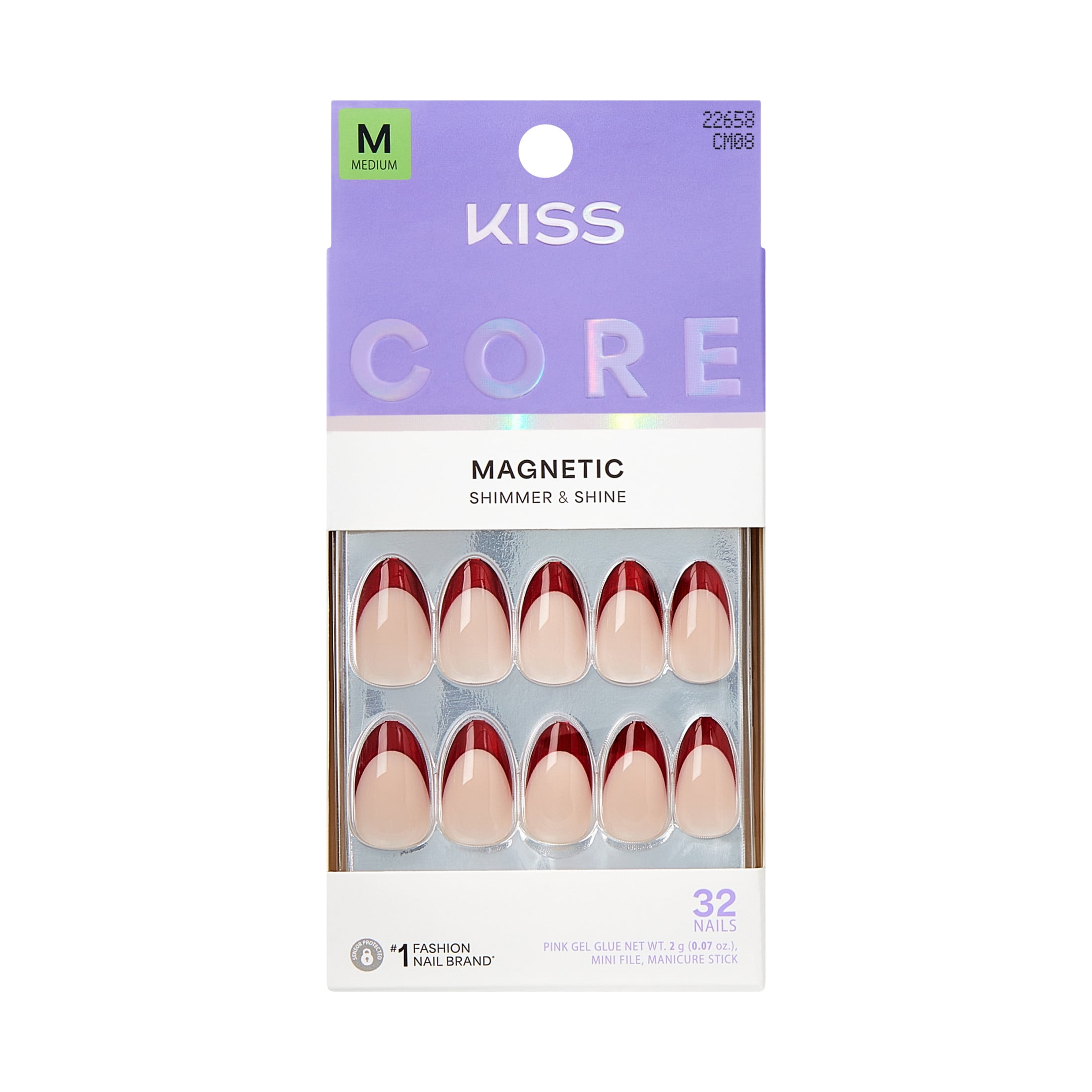 KISS CORE Magnetic Press On Nails Almond, Glistering, Red, Medium Length, 32 Count