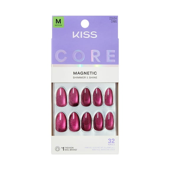 KISS CORE Magnetic Press On Nails Almond, Glittering, Purple, Medium Length, 32 Count