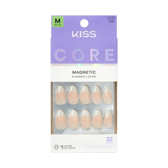 KISS CORE Magnetic Press On Nails Almond, Patchouli, Silver, Medium Length, 32 Count