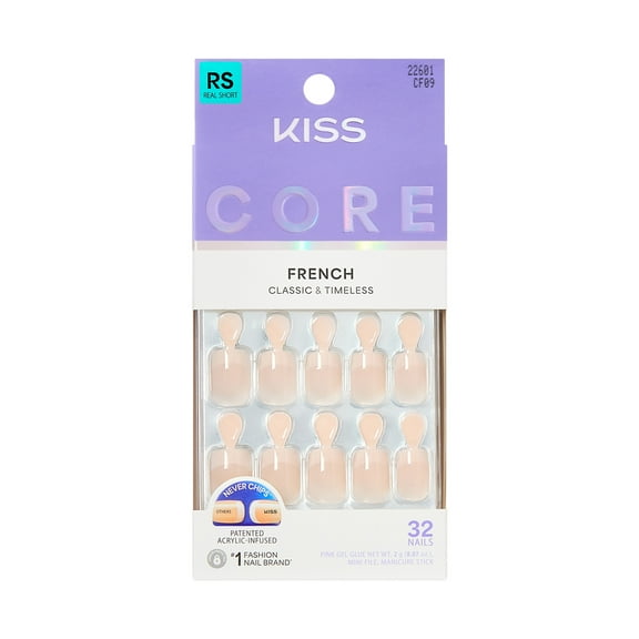 KISS CORE French Tip Press On Nails, Your Moment, White, Real Short Squoval, 32 Count