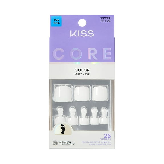 KISS CORE Color Press On Toenails, Toe-tally Yours, White, 26 Count