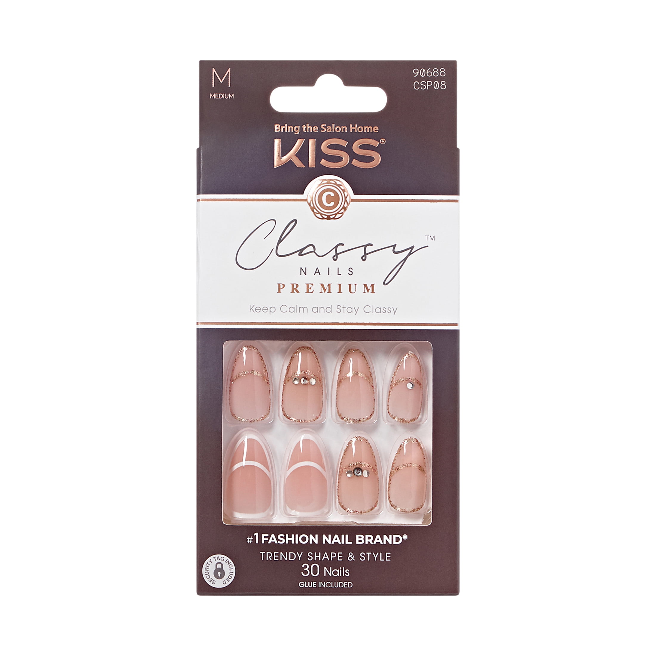 Kiss Premium Classy Press On Nails Almond, ‘Over the Moon’, Pink, Medium, 30 Count