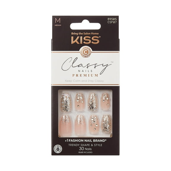 KISS Premium Classy Medium Coffin Press-on Nails with Glue, White, 30 Pieces