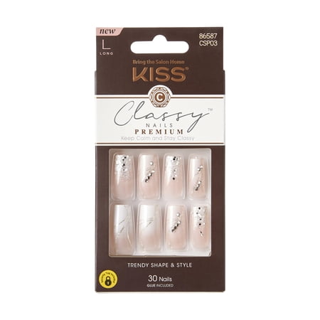 KISS Classy Premium Press on Nails, Stunning!, Pink, Long Square, 30 Count