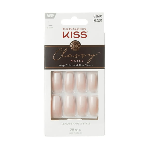 KISS Classy French Tip Press On Nails, Be-you-tiful, Beige, Long Coffin, 28 Count