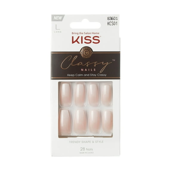 KISS Classy French Tip Press On Nails, Be-you-tiful, Beige, Long Coffin, 28 Count
