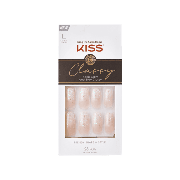 KISS Classy Nails, Press-On Nails, Scrunchie, Beige, Long Coffin, 28 Count