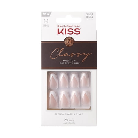 KISS Classy French Tip Press On Nails, Silk Dress, White, Medium Coffin, 28 Count