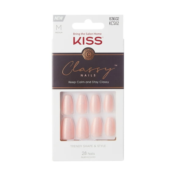 KISS Classy Press on Nails, Cozy Meets Cute, Pink, Medium Coffin, 28 Count