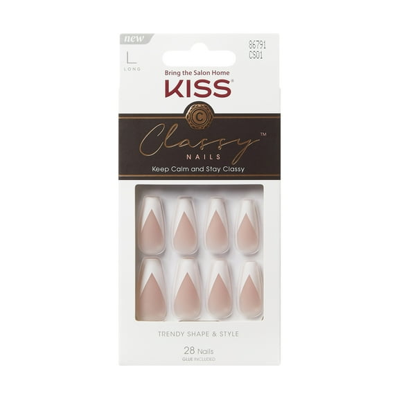 KISS Classy Nails Press on Nails, You're Gorgeous, White, Long Coffin, 28 Count