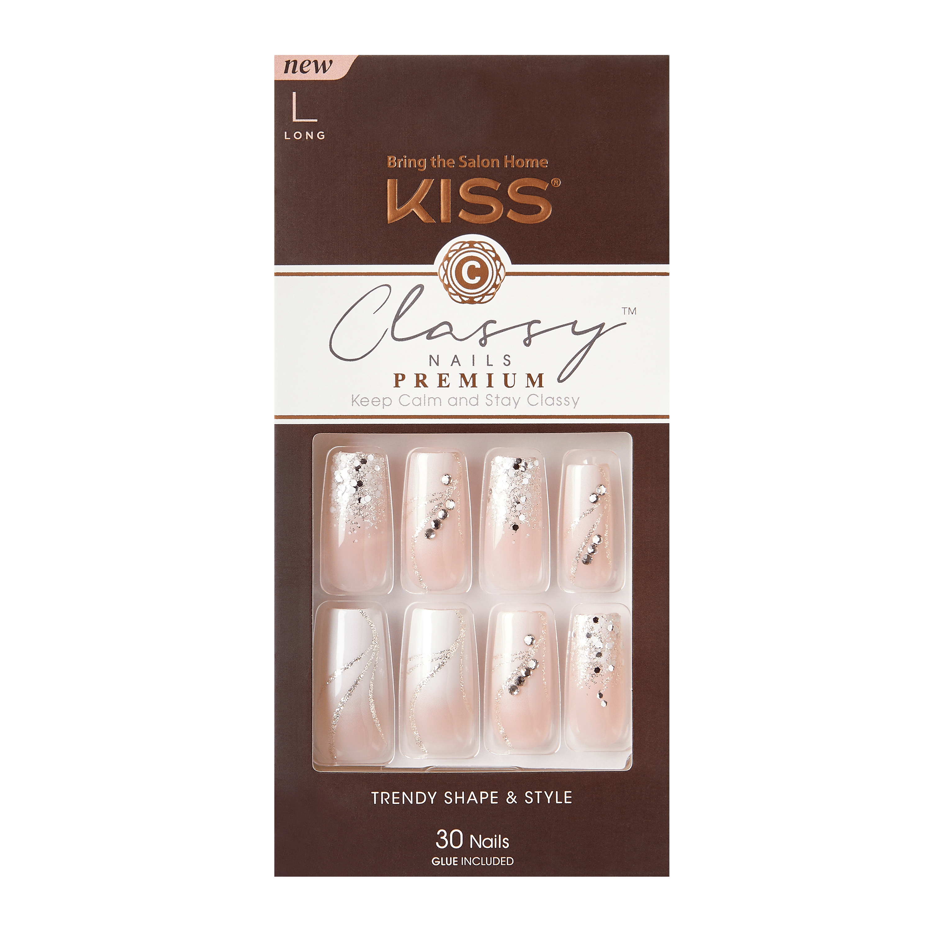 KISS Premium Classy Press On Nails Glittery French Tips X Long Coffin Shape 33 Ct