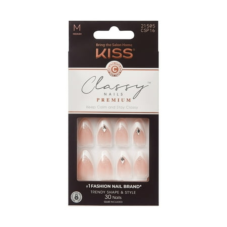 KISS Classy Premium, Press On Nails, Croissant City, White, Medium Almond, 30 Count