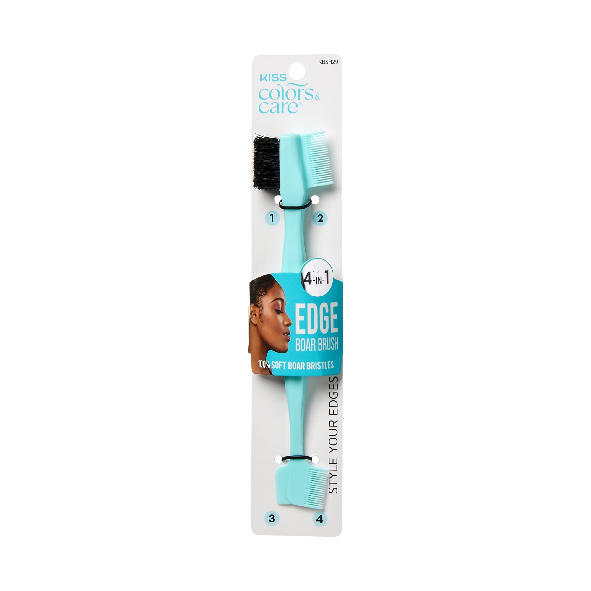 KISS Colors & Care 4-in-1 Edge Boar Bristle Brush, 2 Fine Tooth Combs & 1 Spatula, Mint