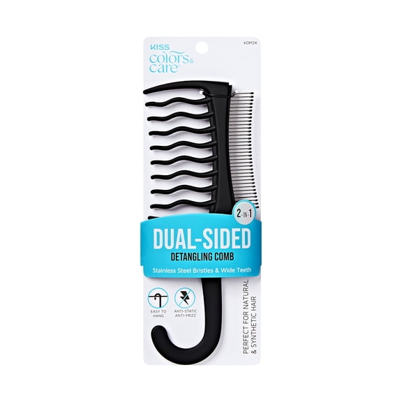 KISS Colors & Care Dual Sided Detangling Comb, Metal Bristles & Wide Tooth Wig Comb, Black
