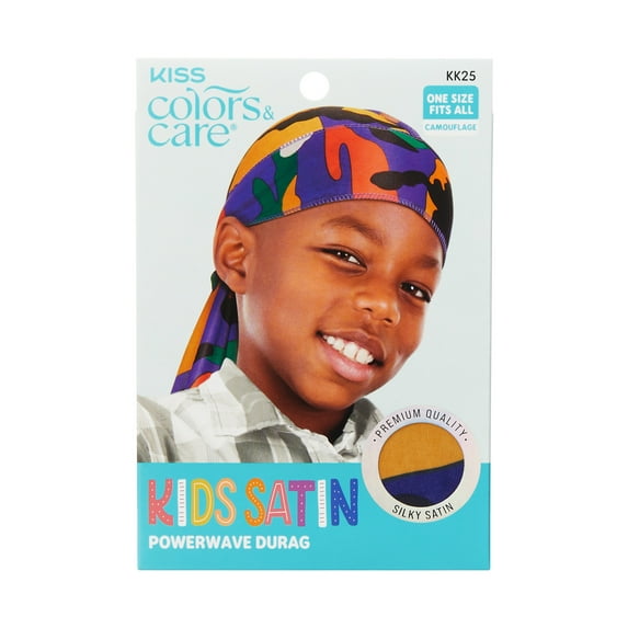 KISS Colors & Care Kids Silky Satin Powerwave Durag, One Size, 34” x 3”, Camouflage