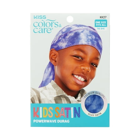 KISS Colors & Care Kids Silky Satin Powerwave Durag, One Size, 34” x 3”, Blue Tie Dye
