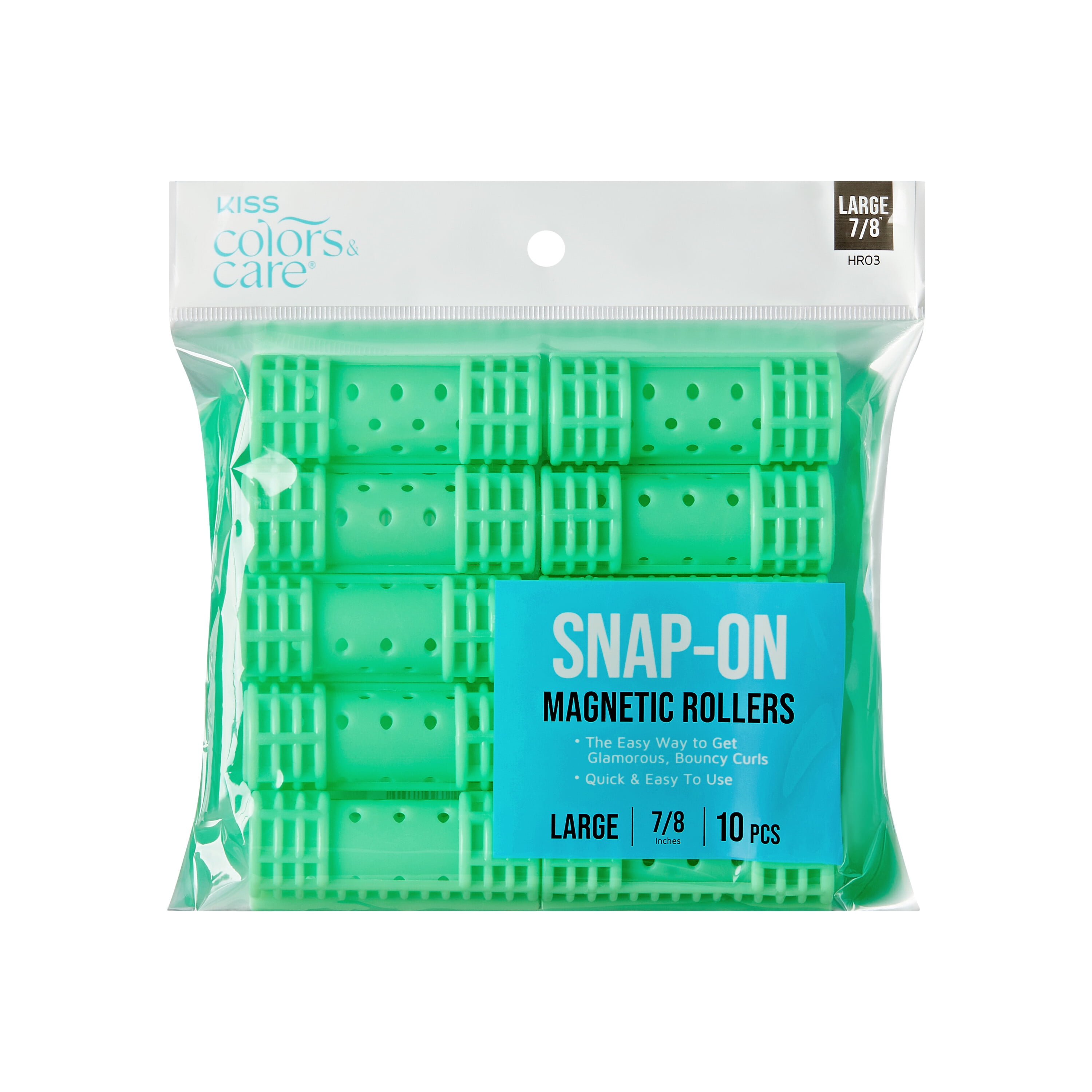 KISS Colors & Care Magnetic Snap On Hair Roller, 7/8", Large, 10 Piece Set, Green