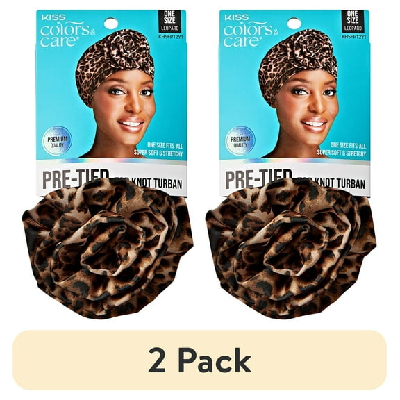 (2 pack) KISS Colors & Care Pre-Tied Top Knot Turban, Unisex, One Size Fits All, Adult, Leopard