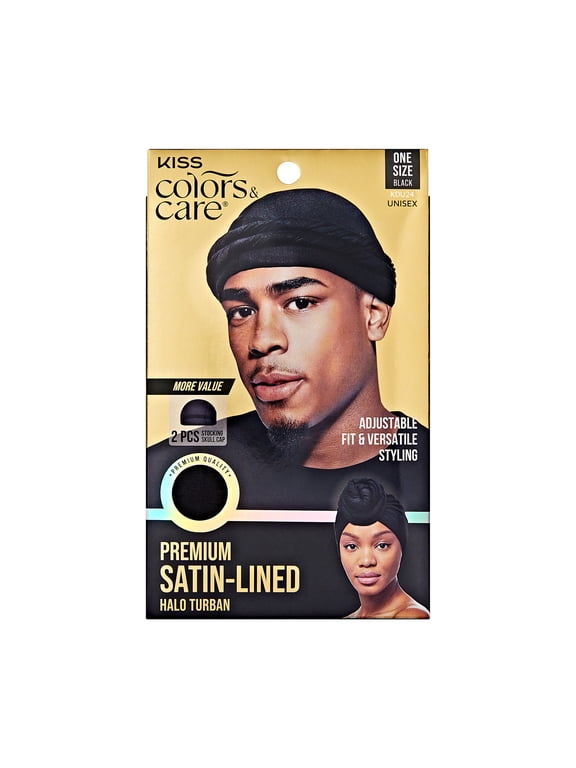 Premium Satin-Lined Halo Turban & 2 Wave Caps, Pre-Tied, Black
