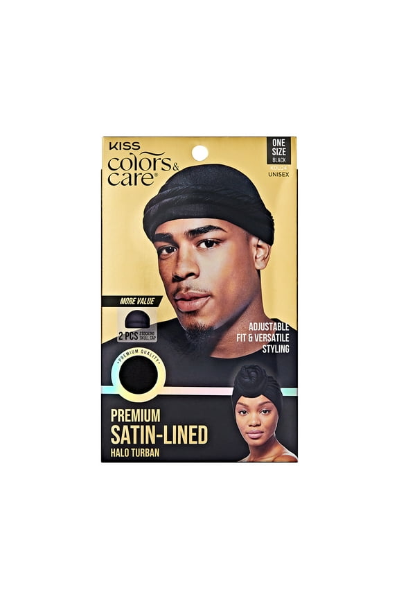 Premium Satin-Lined Halo Turban & 2 Wave Cap, Pre-Tied, Black