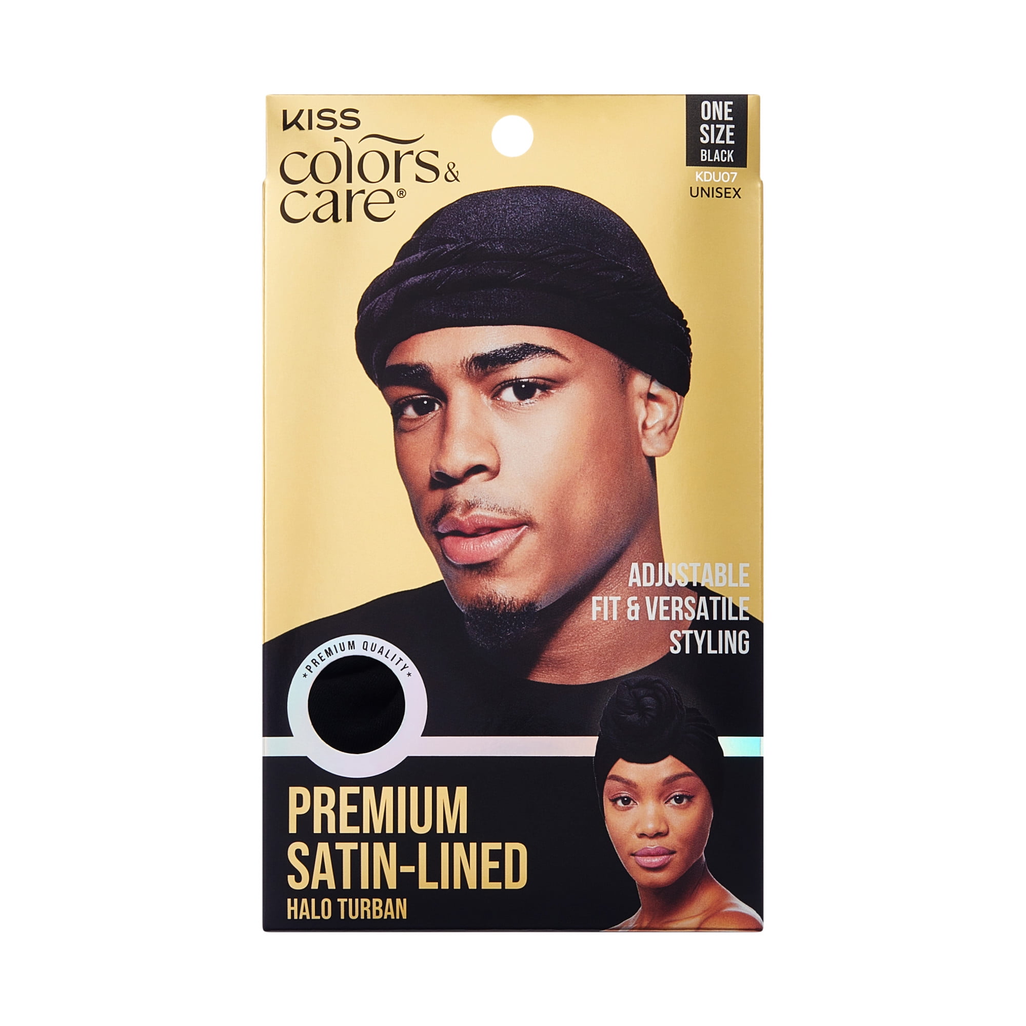 New! Satin Lined Black Emoji Turban Hair Wrap KISS Colors & Care Premium Satin-Lined Halo Turban, Black  main image 4