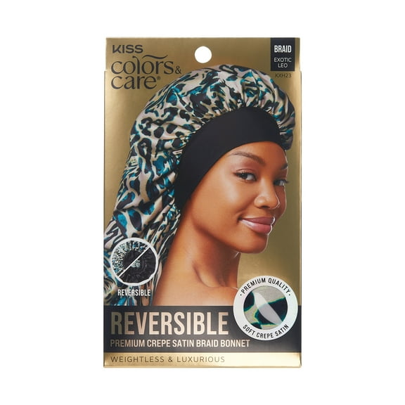 KISS Colors & Care Reversible Premium Crepe Satin Braid Bonnet – Exotic Leopard