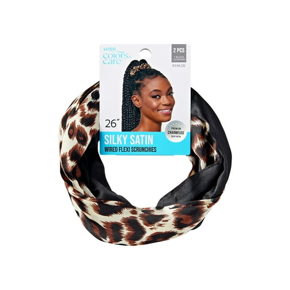 KISS Colors & Care Silky Satin Flex Wired Scrunchies, 26, 2 Pieces  Black & Leopard