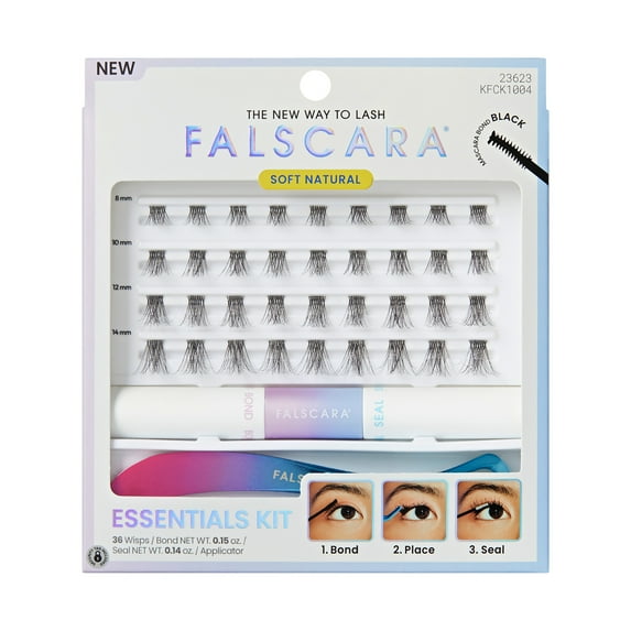 Kiss Falscara 10mm-14mm False Eyelash Essentials Kit w/ Bond & Seal & Applicator, Soft Natural, Individual Lashes, Black, 36 Lash Clusters