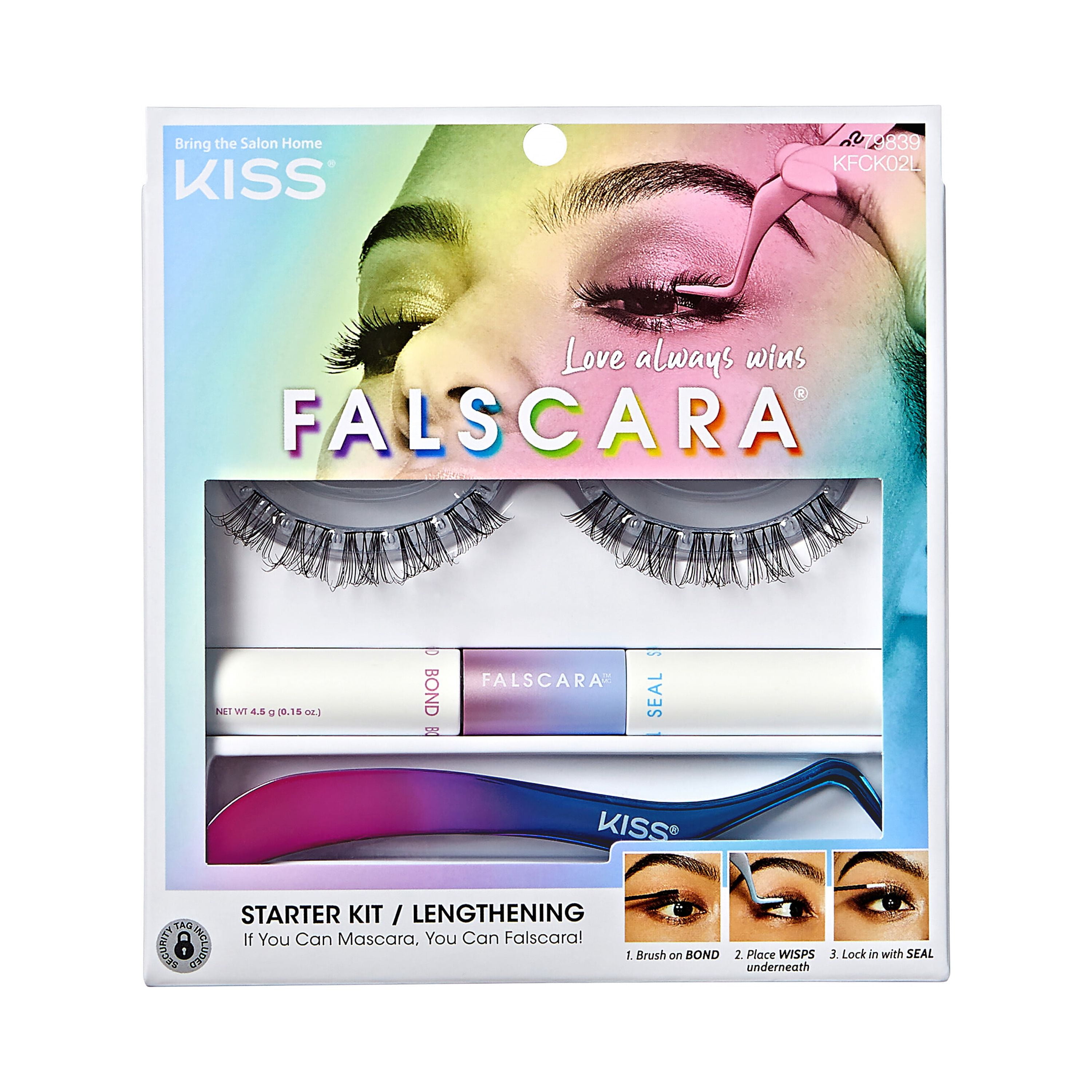 KISS Falscara DIY Lash Extension Starter Kit With 10 Eyelash Lengthening Wisps, Applicator and Bond \u0026 Seal