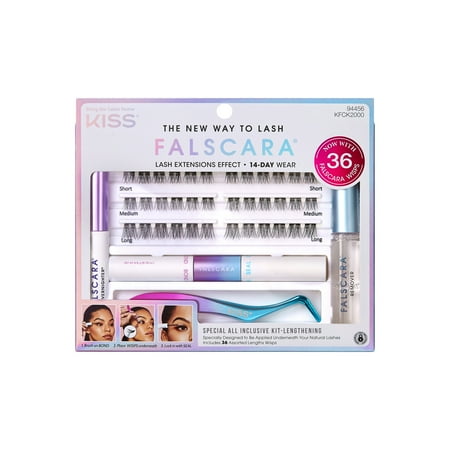 KISS FALSCARA False Eyelashes Special All Inclusive Kit, Cluster Lashes, Lengthening, Black, 10mm-14mm, 36 Pieces