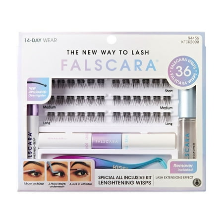 Kiss FALSCARA False Eyelashes Special All Inclusive Kit, Cluster Lashes, Lengthening, Black, 10mm-14mm, 36 Pieces