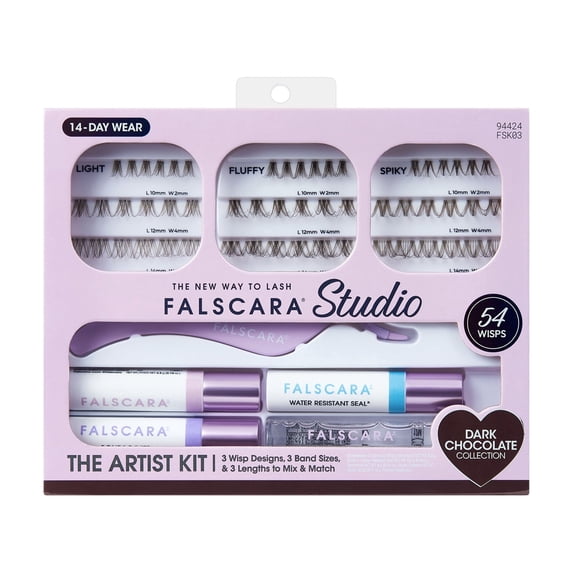 Kiss Falscara Studio Lash Extension Kit, 54 Medium Volume, 10-14mm Lash Clusters - Dark Chocolate