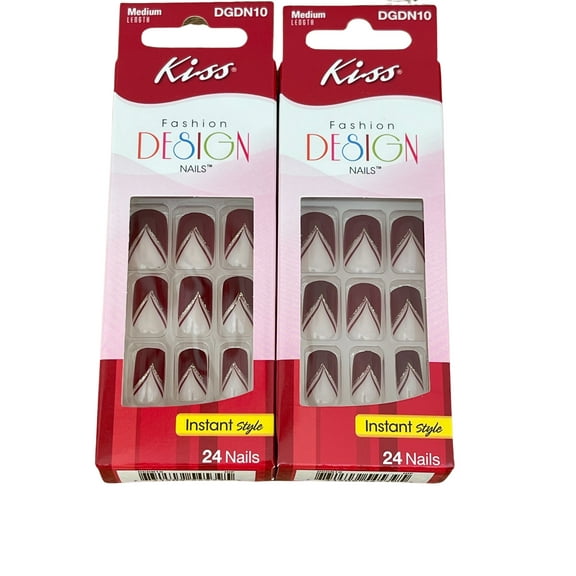 KISS Fashion Design Nails Burgundy & Gold Design Medium Length DGDN10 - 2 Pack