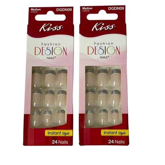 KISS Fashion Design Nails Silver French Design Medium Length STYLISH DGDN09 - 2 Pack