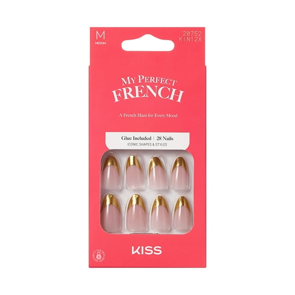 KISS My Perfect French Press on Nails, Hold U, Gold, Medium Almond, 28 Count