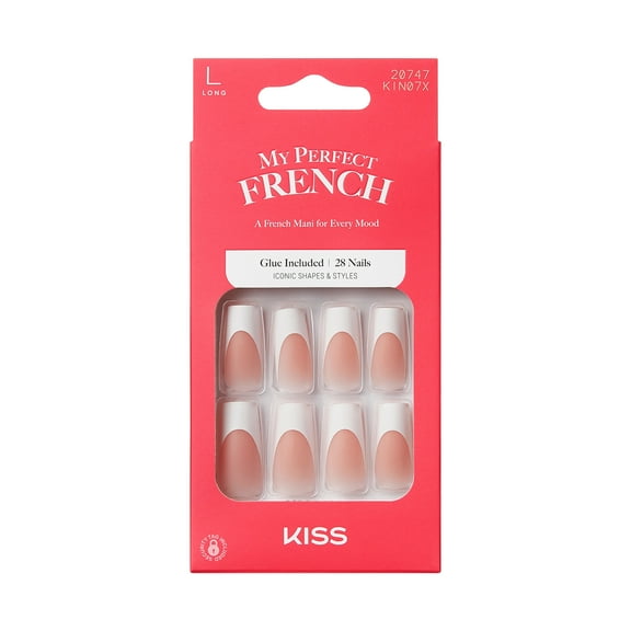 KISS My Perfect French Press on Nails, In Touch, White, Long Square, 28 Count