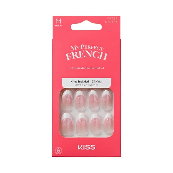 KISS My Perfect French Press on Nails, Jealous, White, Medium Oval, 28 Count