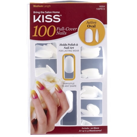 KISS 100 Full Cover Fake Nails Kit, Medium Length - Active Oval
