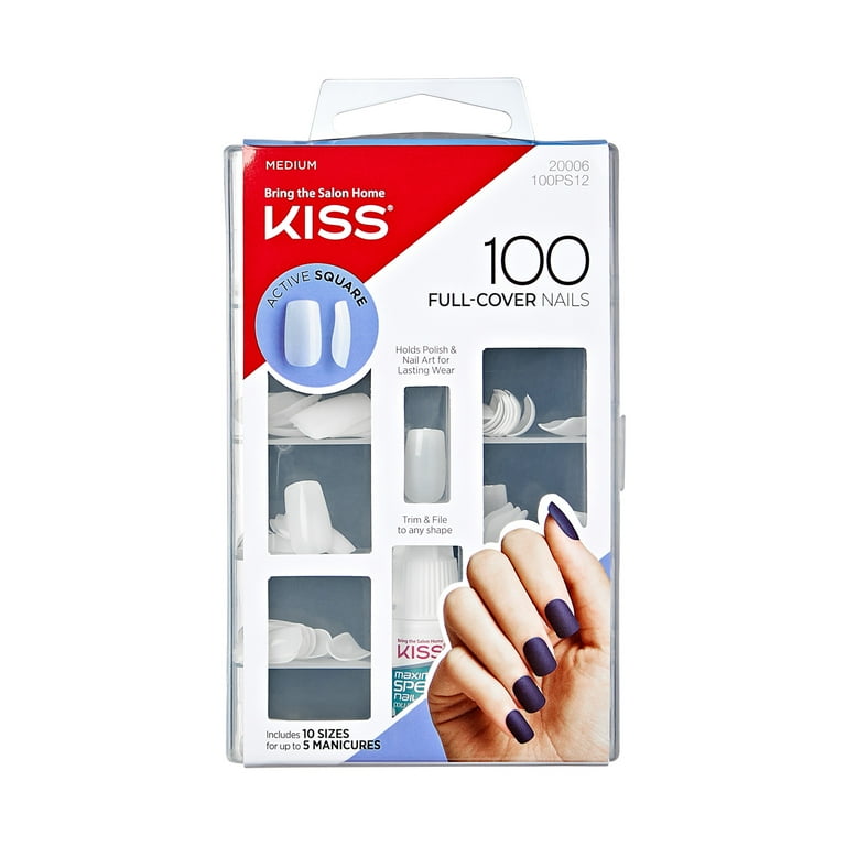 KISS Full-Cover Nails Press on Nails, Active Square, Clear, Medium 