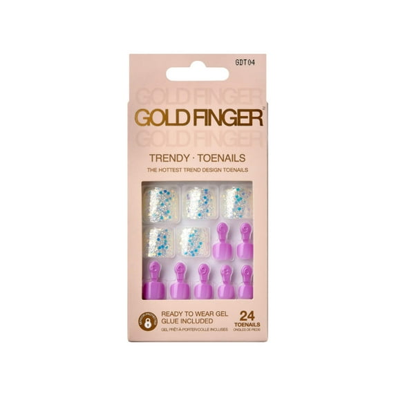 GoldFinger Trendy Press On Fake Toenail Kit, Glitter Confetti Flakes & Purple Color, Ready to Wear Gel & Manicure Stick, Mini Glue included, Long-Lasting Convenient & Easy to Apply